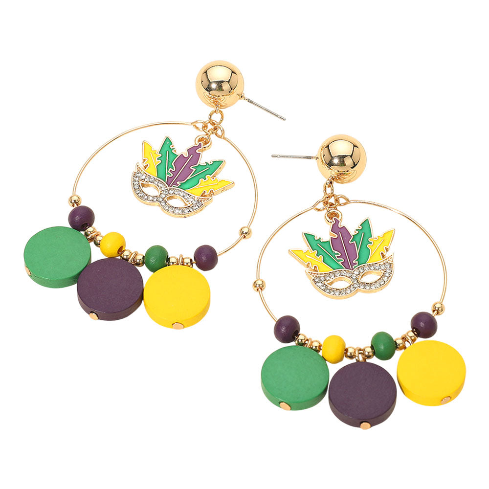 Jester Mask Charm Accent Mardi Gras Hoop Dangle Earrings