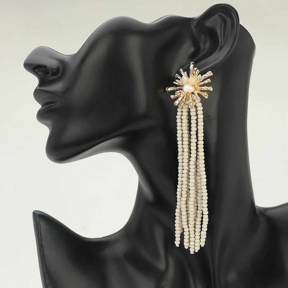 Starburst Wooden Beaded Tassel Drop Earrings
