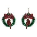 Holiday Bow Accent Cardinal Wreath Dangle Earrings