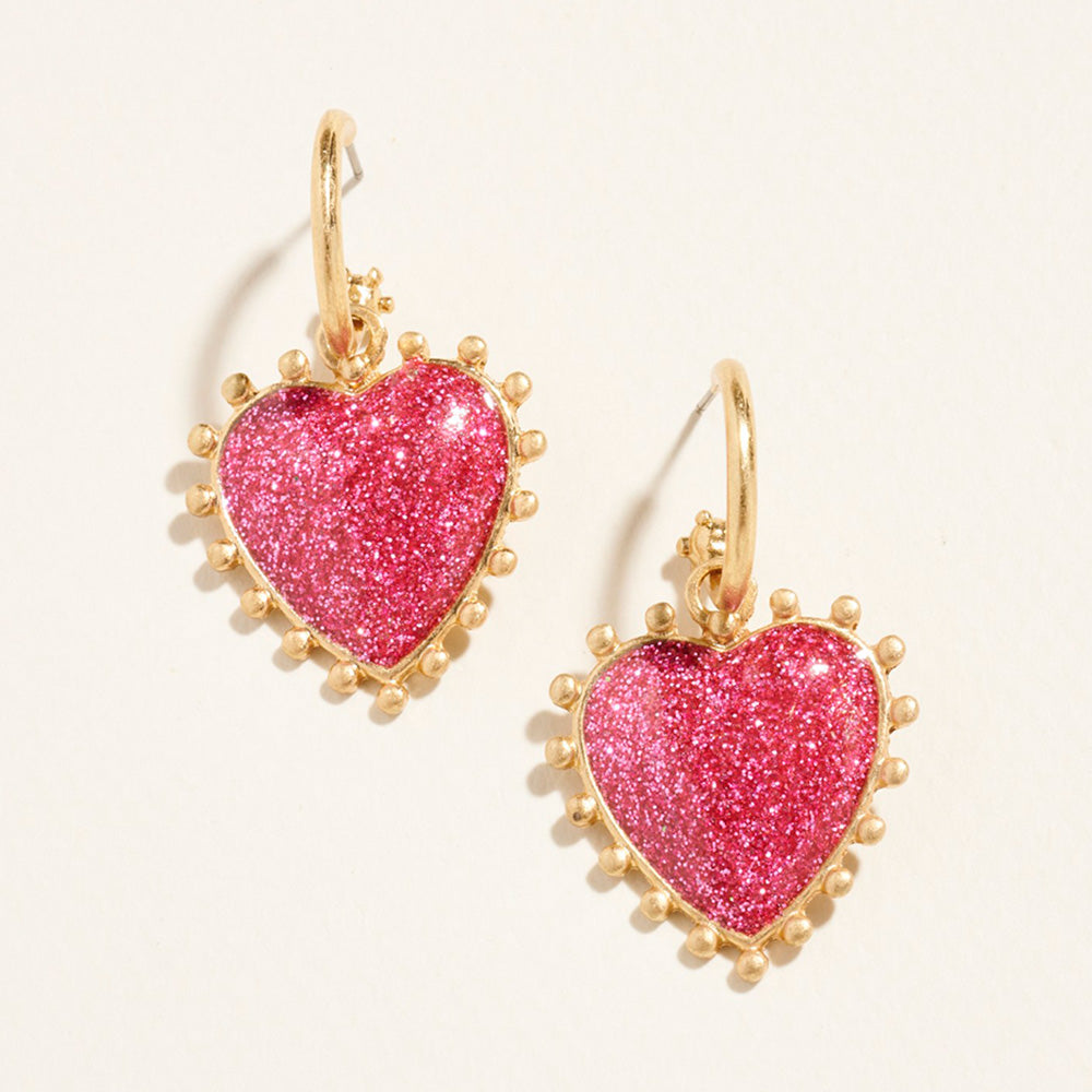 Metal Bead Rim Glitter Heart Dangle Earrings