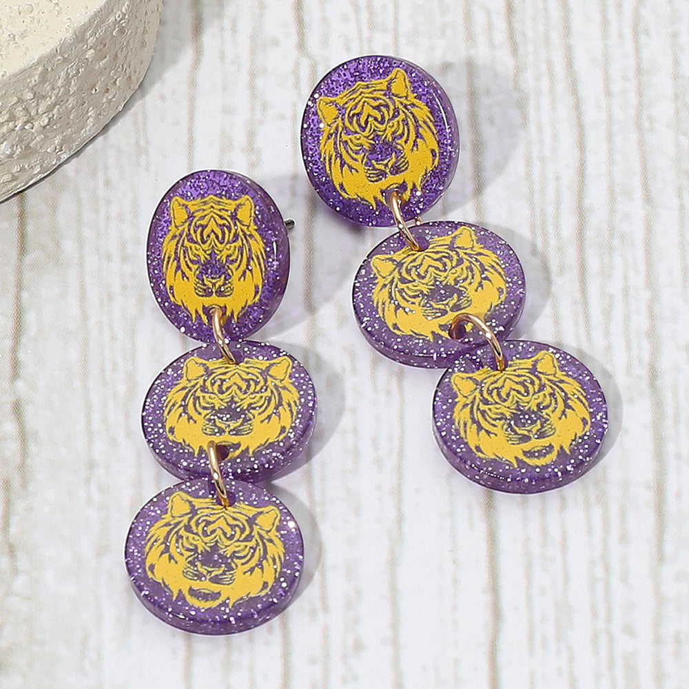 Tiger Face Disc Game Day Style Drop Earrings