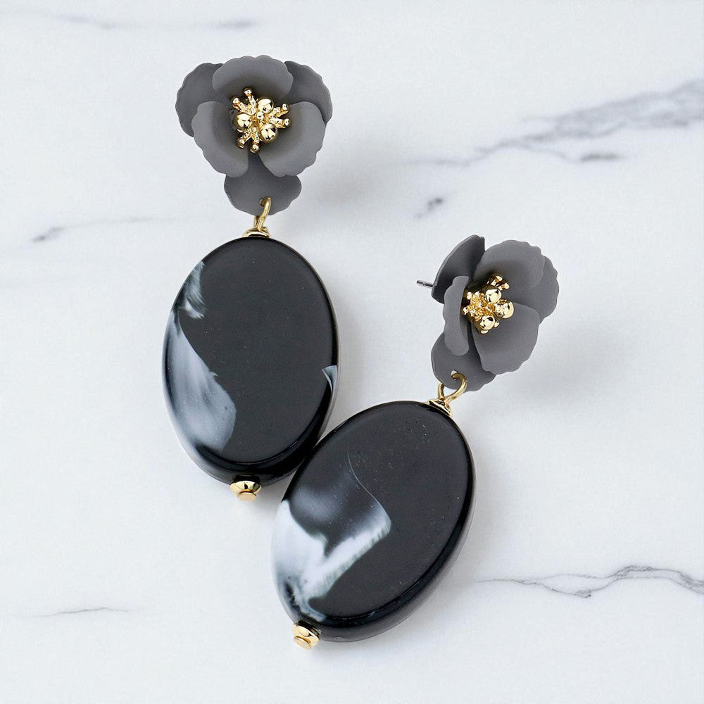 Bloom Flower Marbled Oval Link Dangle Earrings