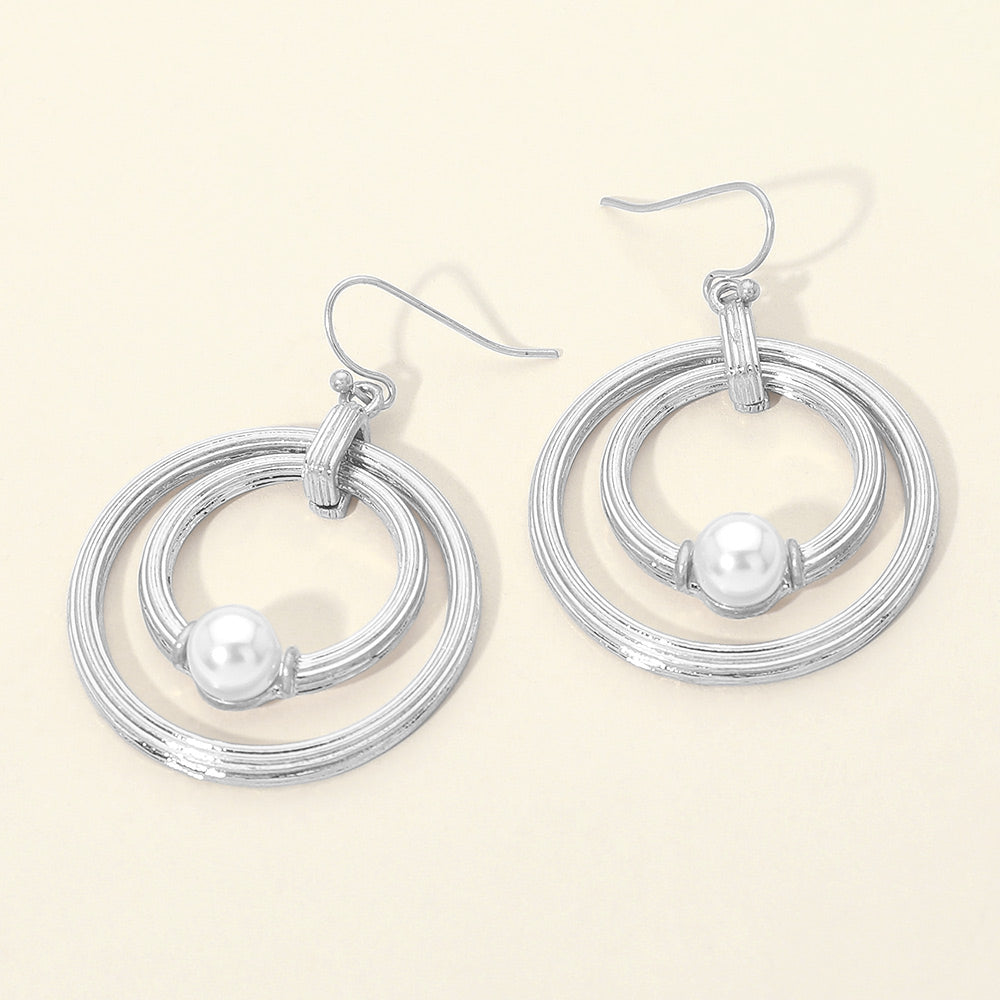 Pearl Accent Textured Chunky Layered Double Hoop Drop Dangle Earrings