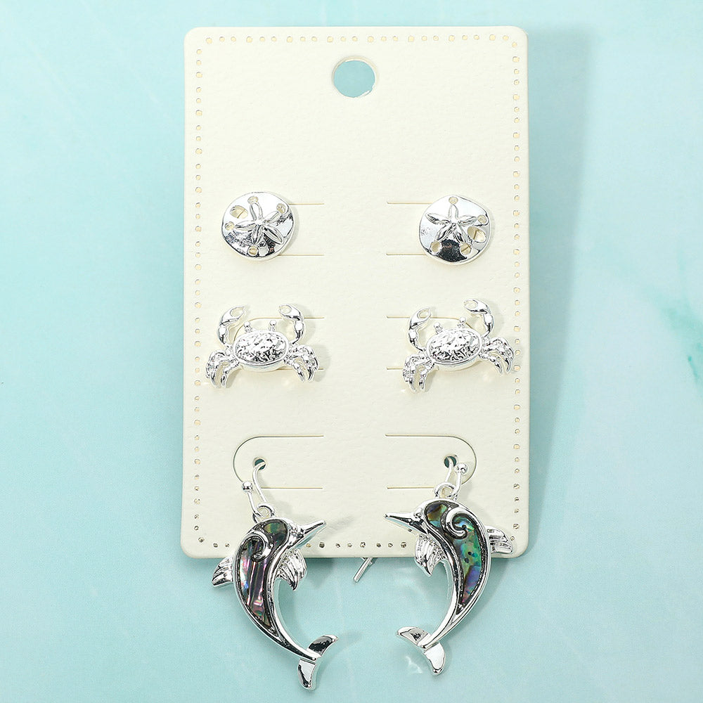 3Pairs - Metal Sand Dollar Crab Stud Abalone Dolphin Drop Dangle Earring Set