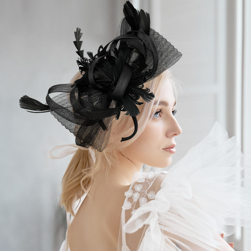 Feather Embellished Mesh Bow Fascinator / Headband