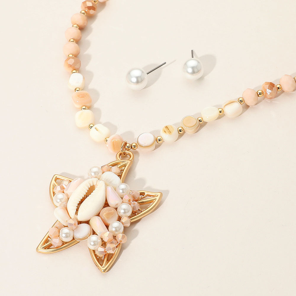 Pearl Sea Shell Beaded Starfish Pendant Statement Necklace