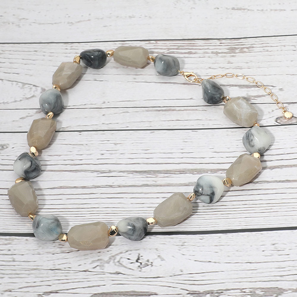 Chunky Faceted Marbled Resin Pebble Beaded Statement Necklace