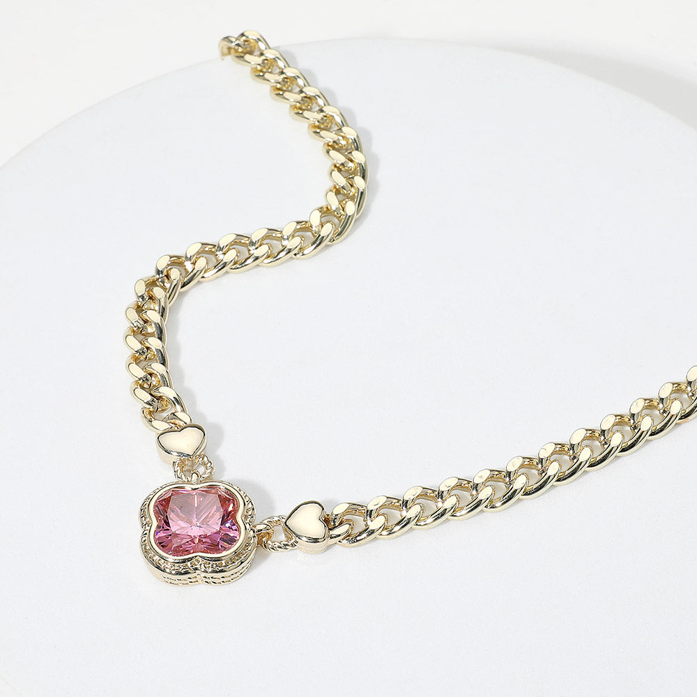 14K Gold Plated CZ Quatrefoil Pendant Pointed Chain Necklace
