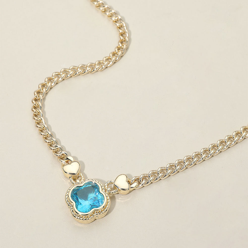 14K Gold Plated CZ Quatrefoil Pendant Pointed Chain Necklace