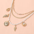 Metal Seashell Puka Shell Charm Station Pearl Herringbone Paperclip Chain Layered Necklace
