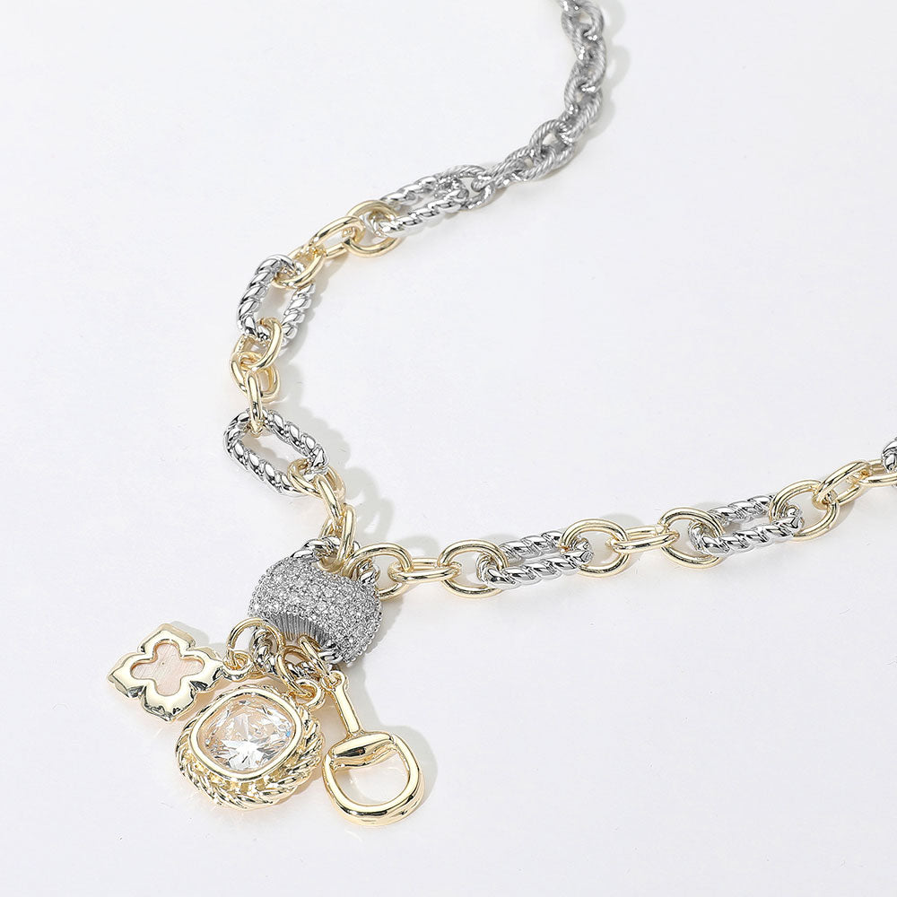 14K Gold Plated Two Tone CZ Stone Paved Cluster Accent Open Clover Stone Cluster Horsebit Charm Pendant Necklace