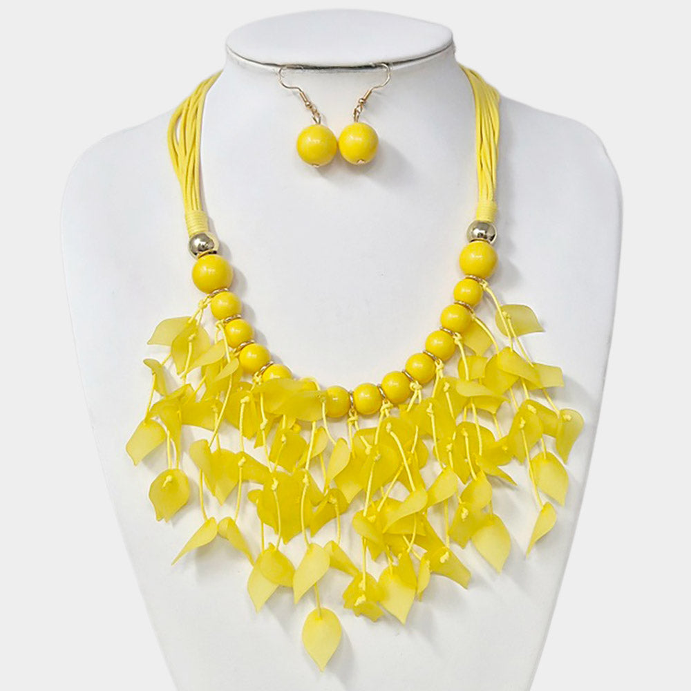 Bold Leaf Fringe Embellished Multi Cord Statement Necklace