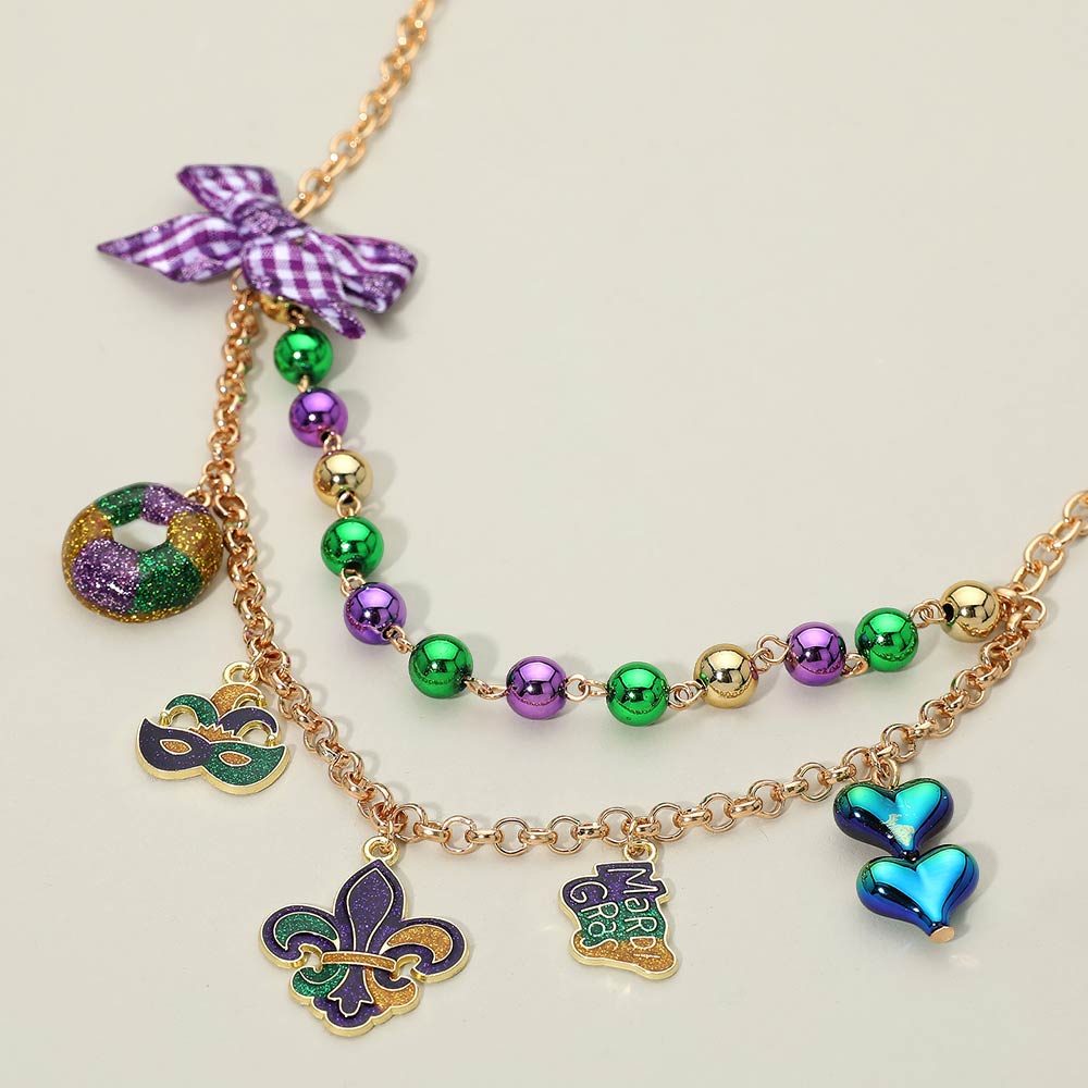 Bow Accent Mardi Gras Charm Station Layered Statement Necklace