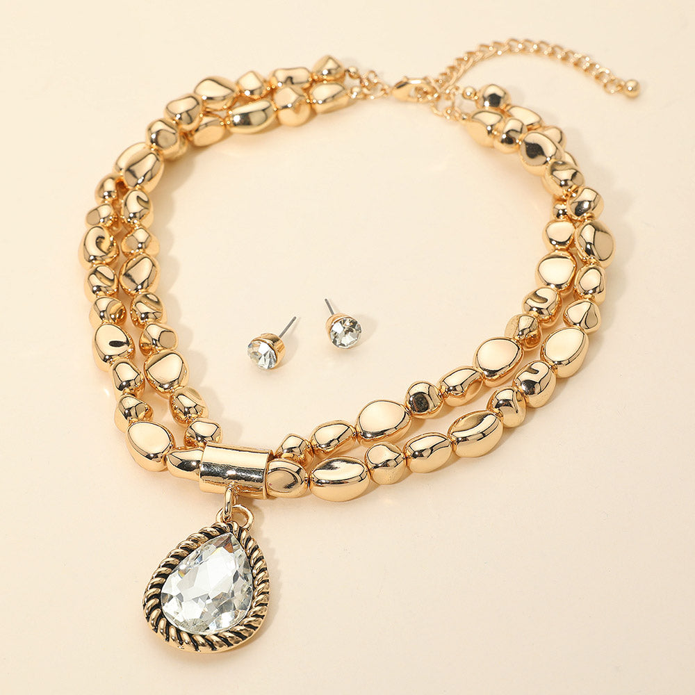Bold Teardrop Pendant Metal Pebble Beaded Double Layered Statement Necklace