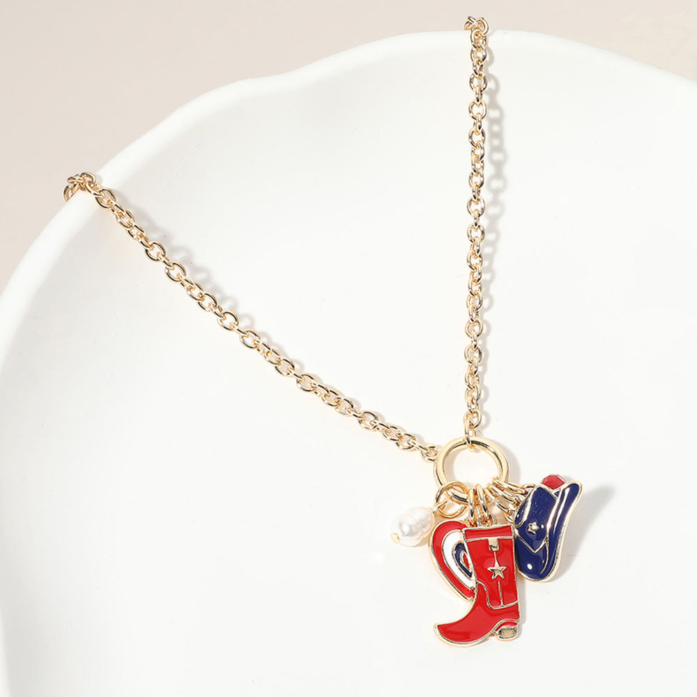 Enamel American USA Flag Western Cowboy Boot Hat Heart Pearl Charm Pendant Necklace