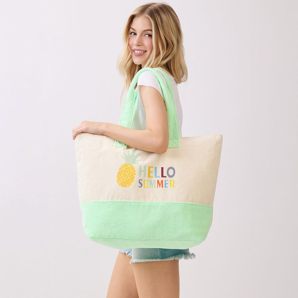 HELLO SUMMER Message Pineapple Graphic Printed Terry Tote Bag