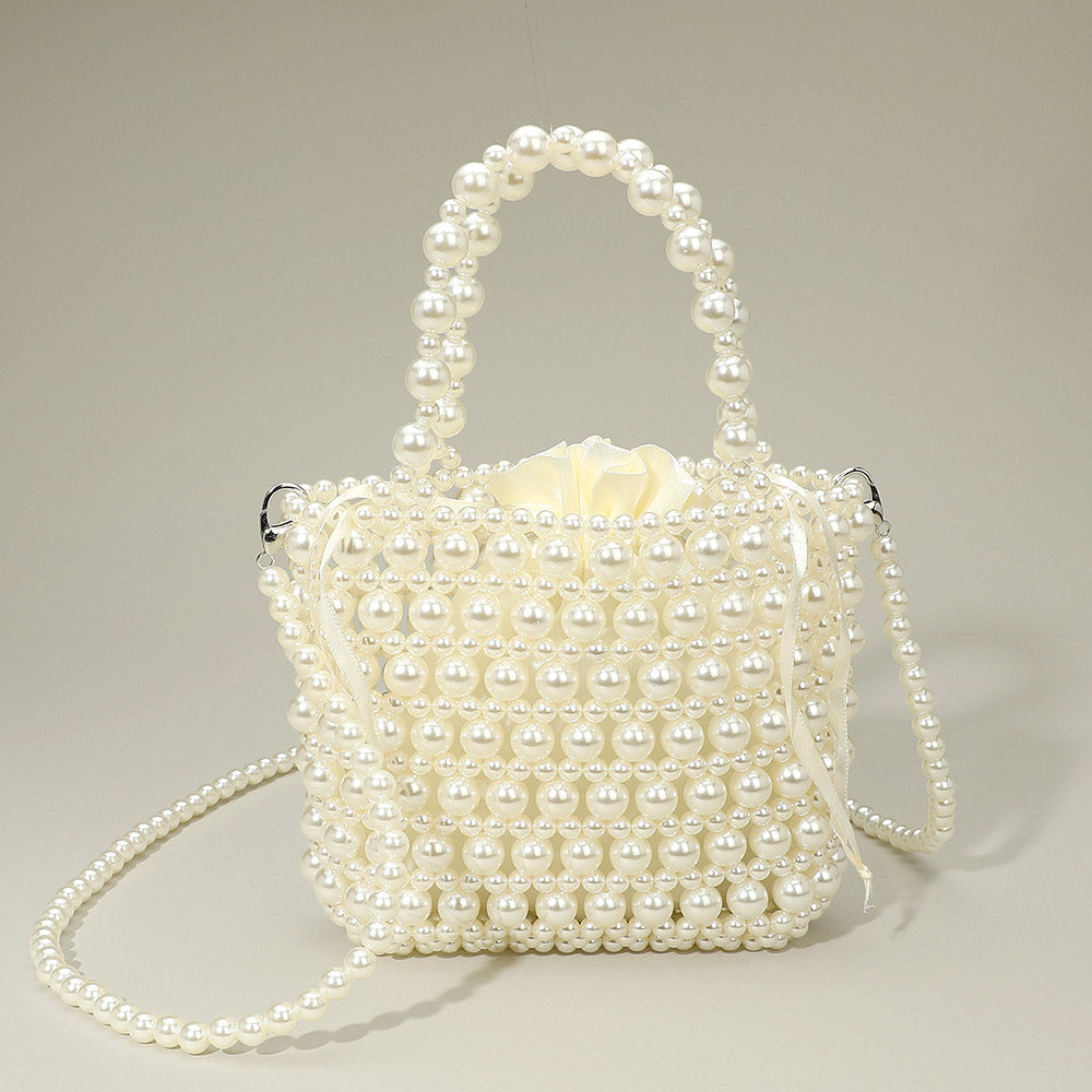 Pearl Beaded Top Handle Drawstring Pouch Handbag / Crossbody Bag