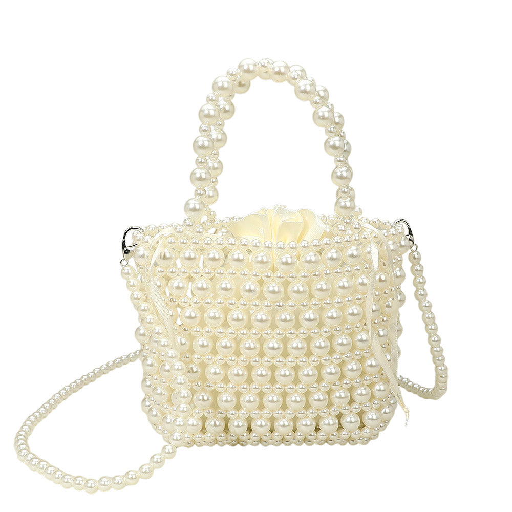 Pearl Beaded Top Handle Drawstring Pouch Handbag / Crossbody Bag