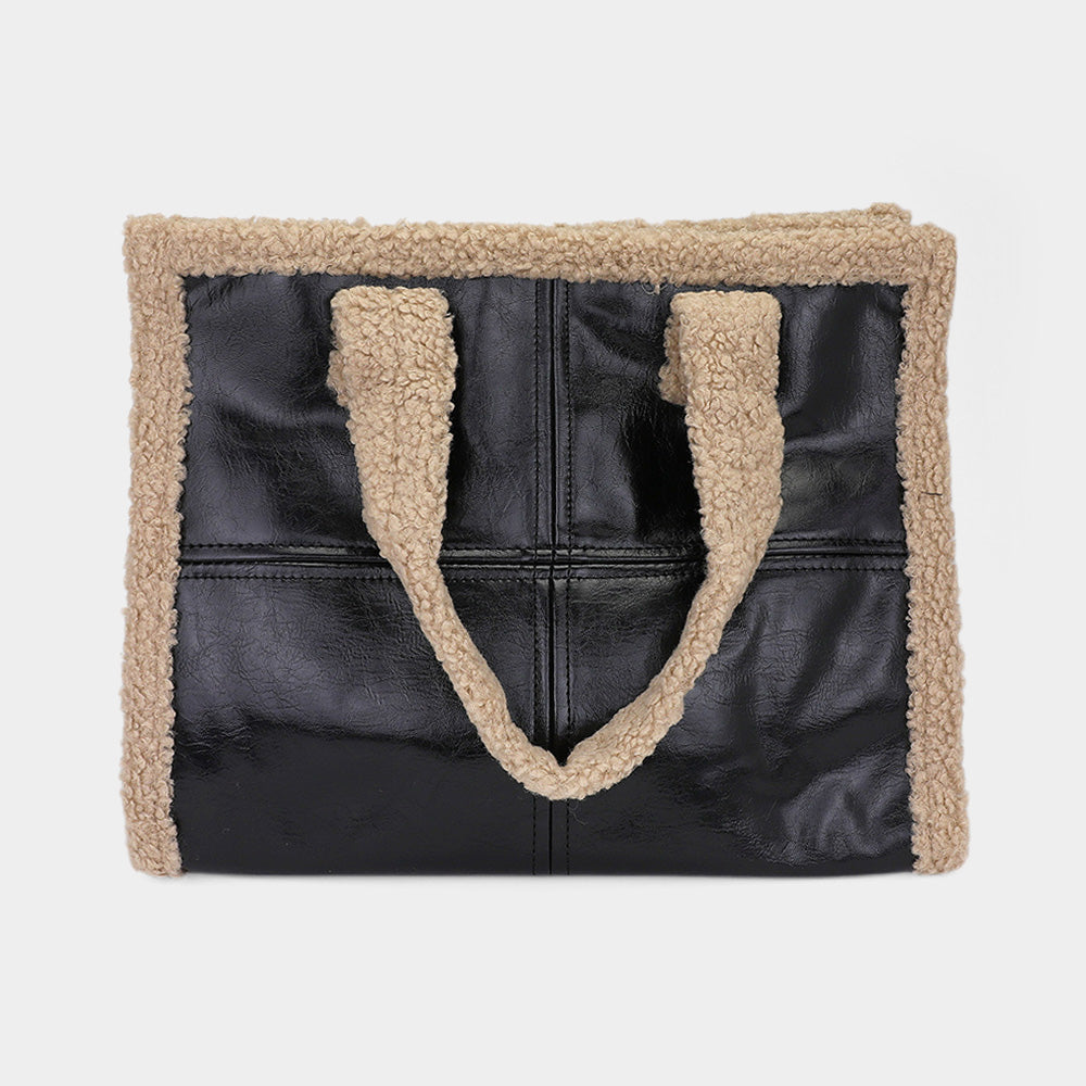 Fleece Trim Faux Leather Tote Bag / Crossbody Bag