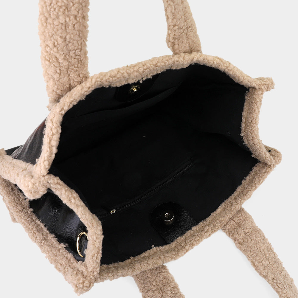 Fleece Trim Faux Leather Tote Bag / Crossbody Bag