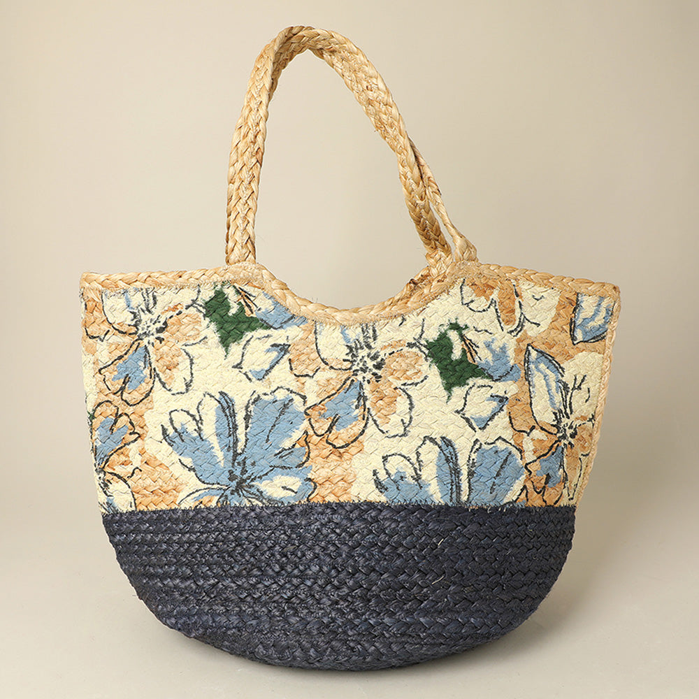 Floral Pattern Two Tone Woven Straw Shoulder Bag / Tote Bag