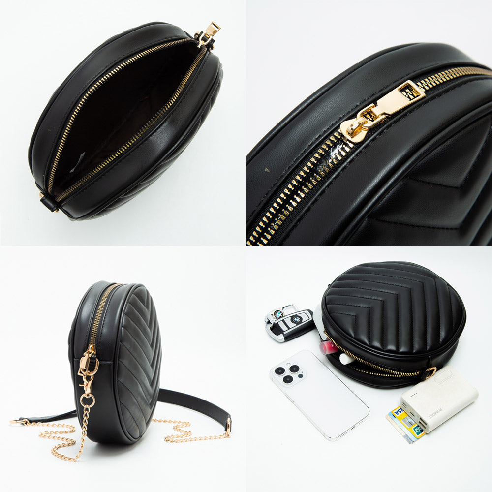 Chevron Patterned Faux Leather Round Crossbody Bag