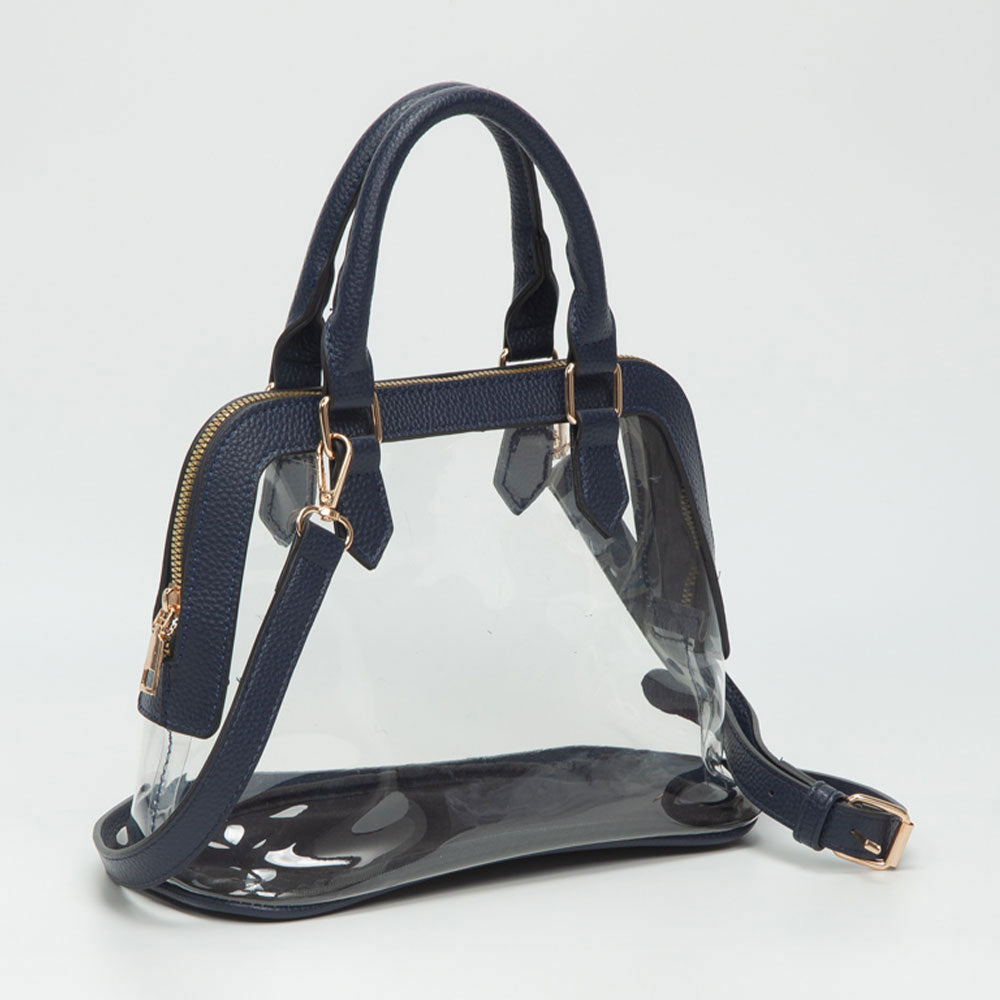 Faux Leather Trim Transparent Structured Top Handle Handbag / Crossbody Bag
