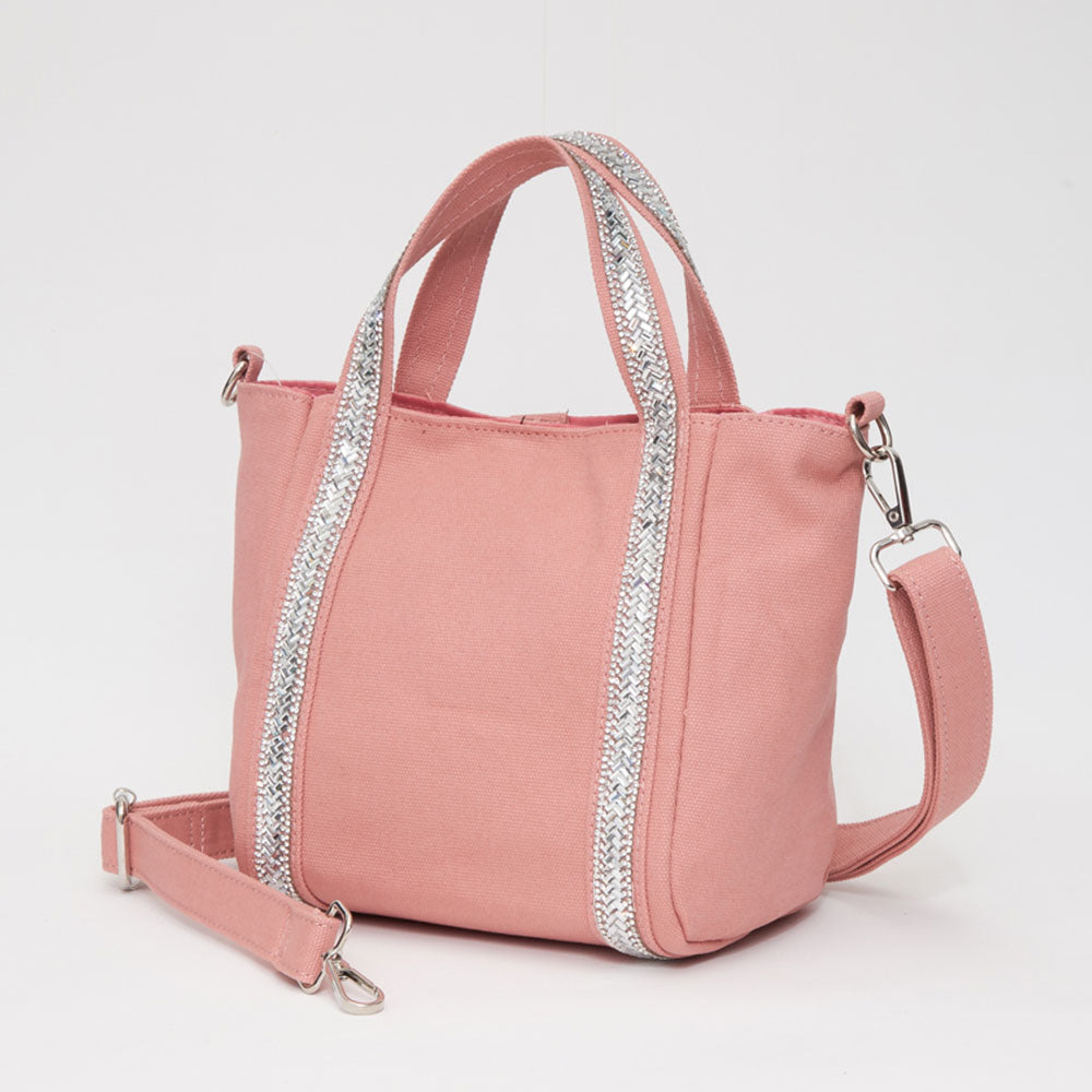 Rhinestone Embellished Strap Accent Mini Canvas Tote Bag / Crossbody Bag