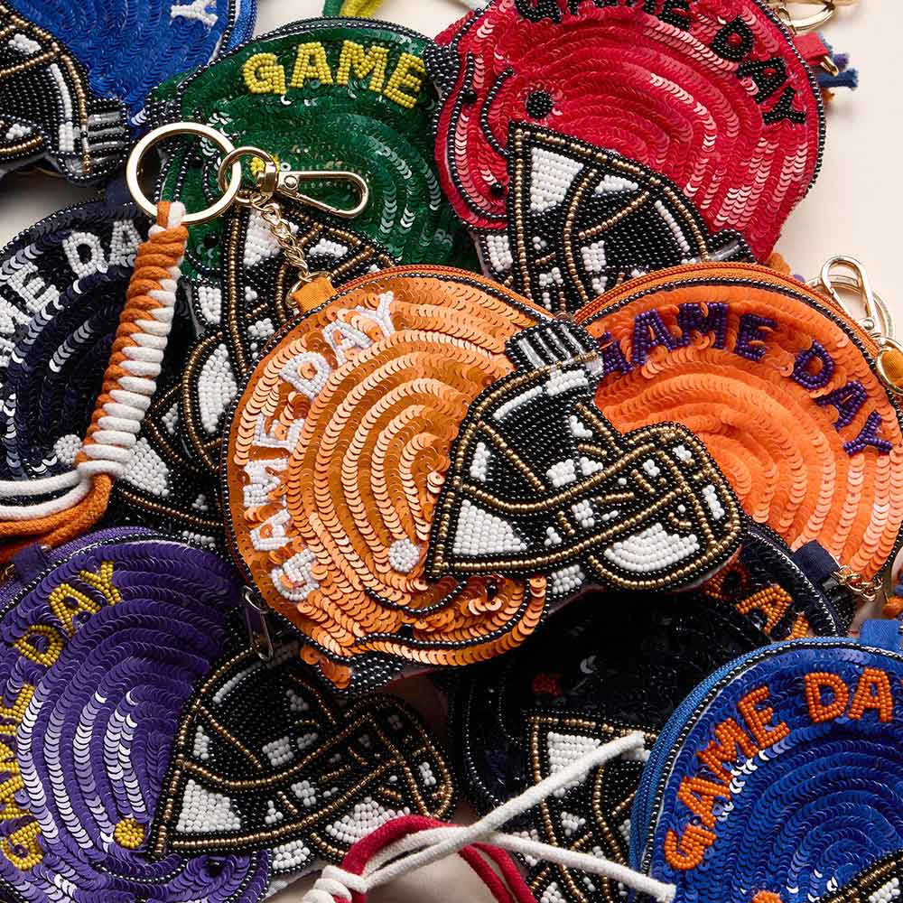 TEXANS GAME DAY Football Helmet Sequin Seed Beaded Knot Keychain Mini Pouch Bag