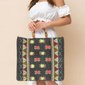 Handwoven Embroidery Boho Pattern Bamboo Handle Tote / Crossbody Bag