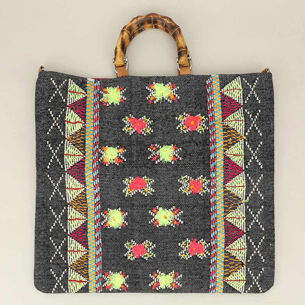 Handwoven Embroidery Boho Pattern Bamboo Handle Tote / Crossbody Bag