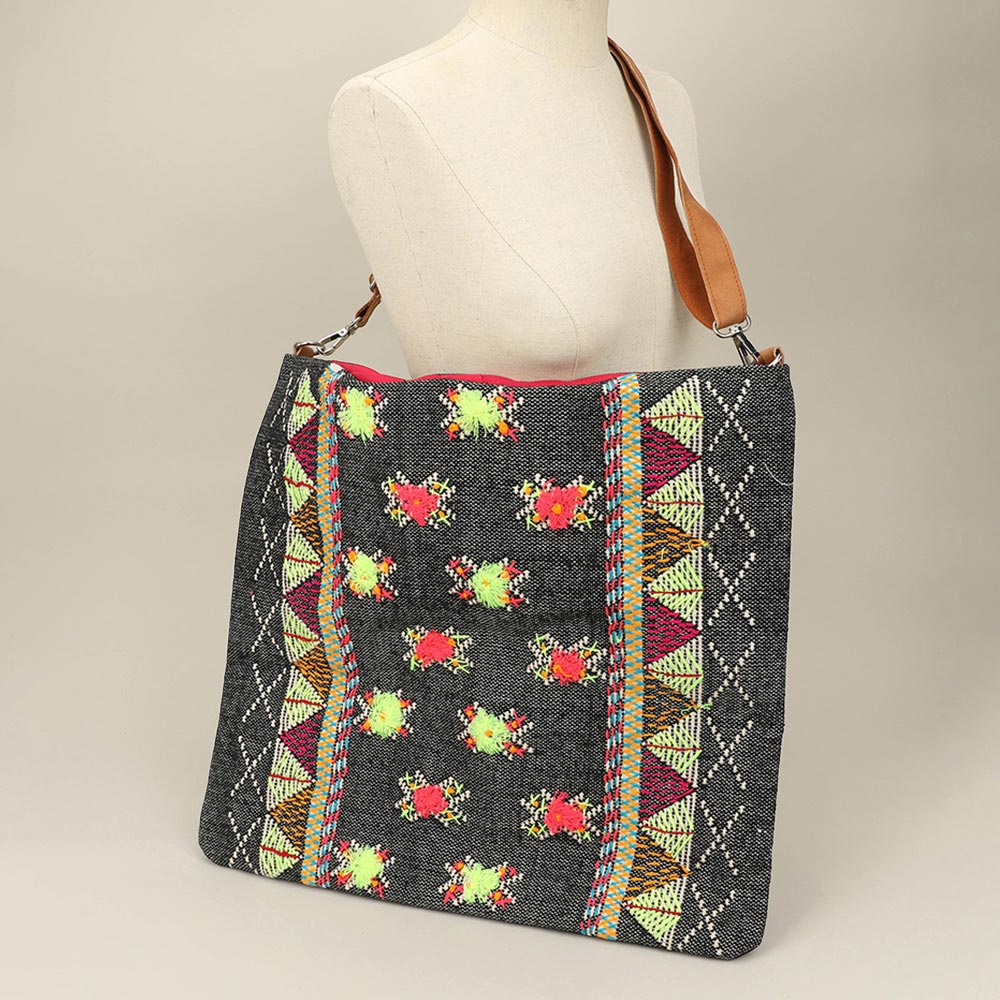Handwoven Embroidery Boho Pattern Bamboo Handle Tote / Crossbody Bag