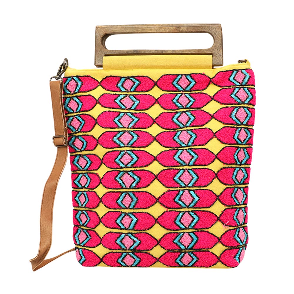Boho Geometric Pattern Wooden Handle Tote / Crossbody Bag