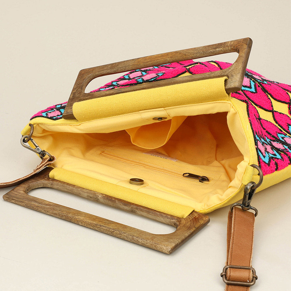 Boho Geometric Pattern Wooden Handle Tote / Crossbody Bag