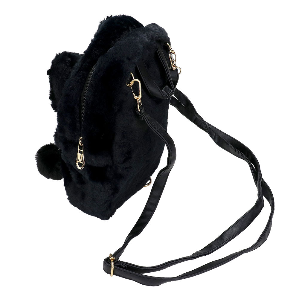 Faux Fur Bow Pom Pom Pointed Plush Mini Backpack