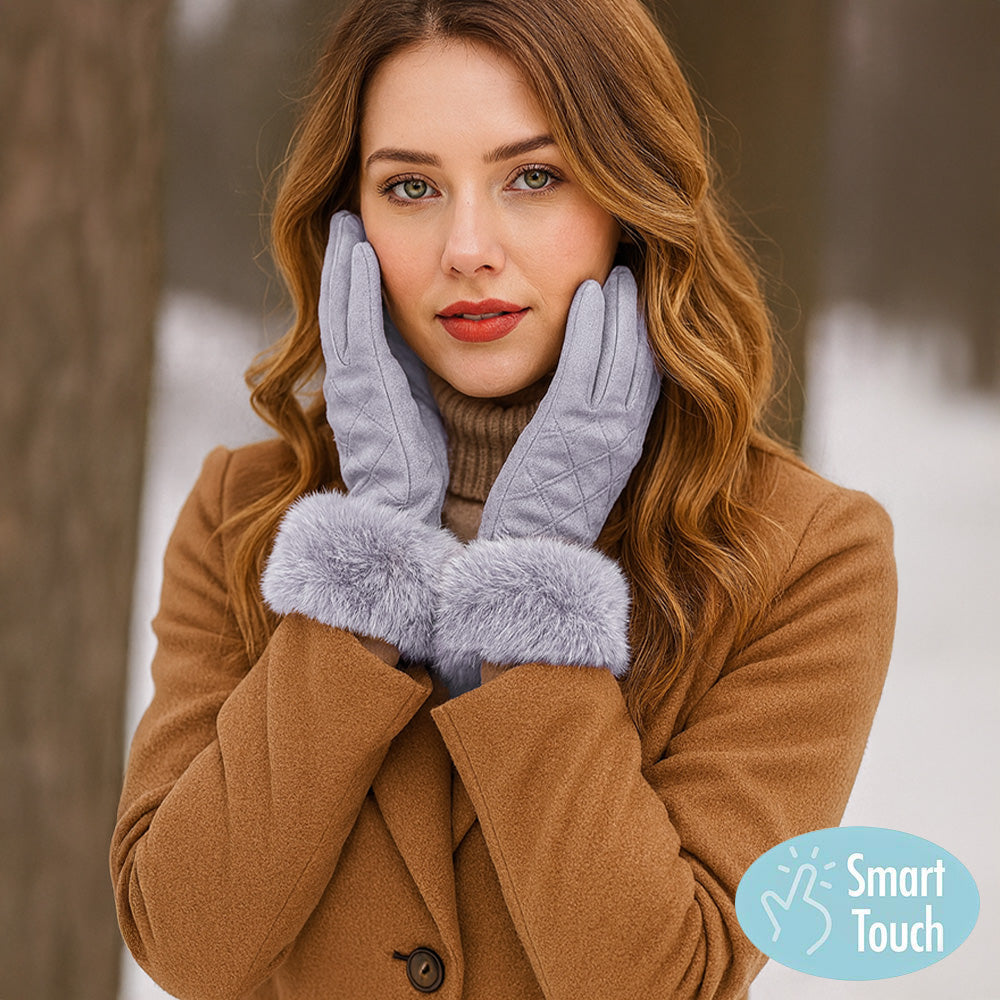 Faux Fur Cuff Quilted Smart Touch Gloves