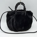 Plush Faux Fur Bucket Handbag with Braided Handles and Long Strap