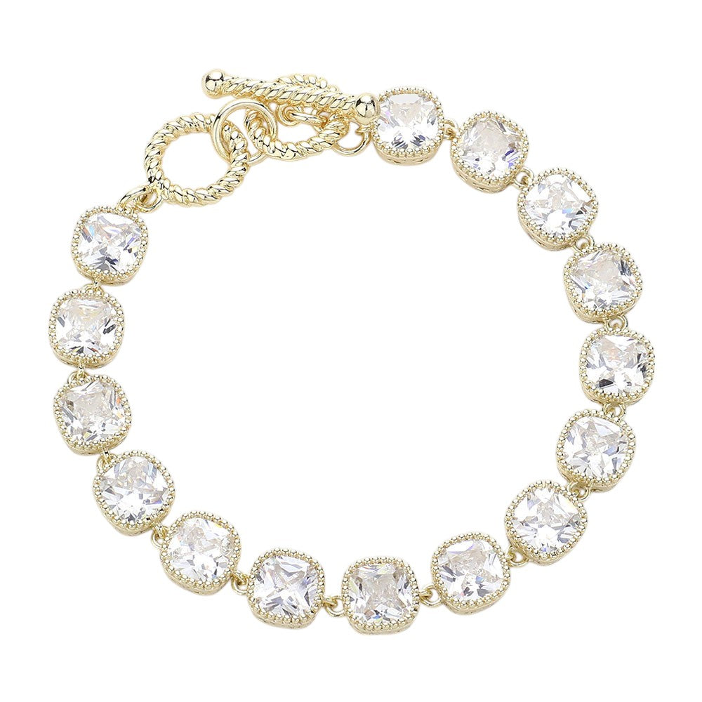 14K Gold Plated Square CZ Stone Link Evening Toggle Bracelet