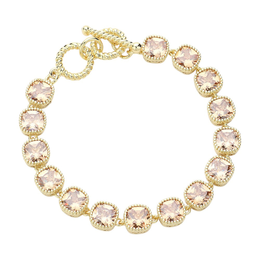 14K Gold Plated Square CZ Stone Link Evening Toggle Bracelet