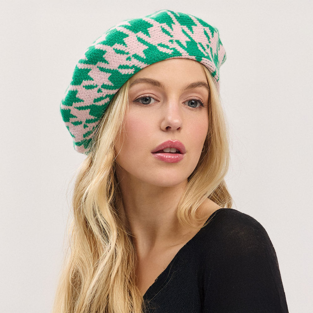 Houndstooth Knit Beret Hat