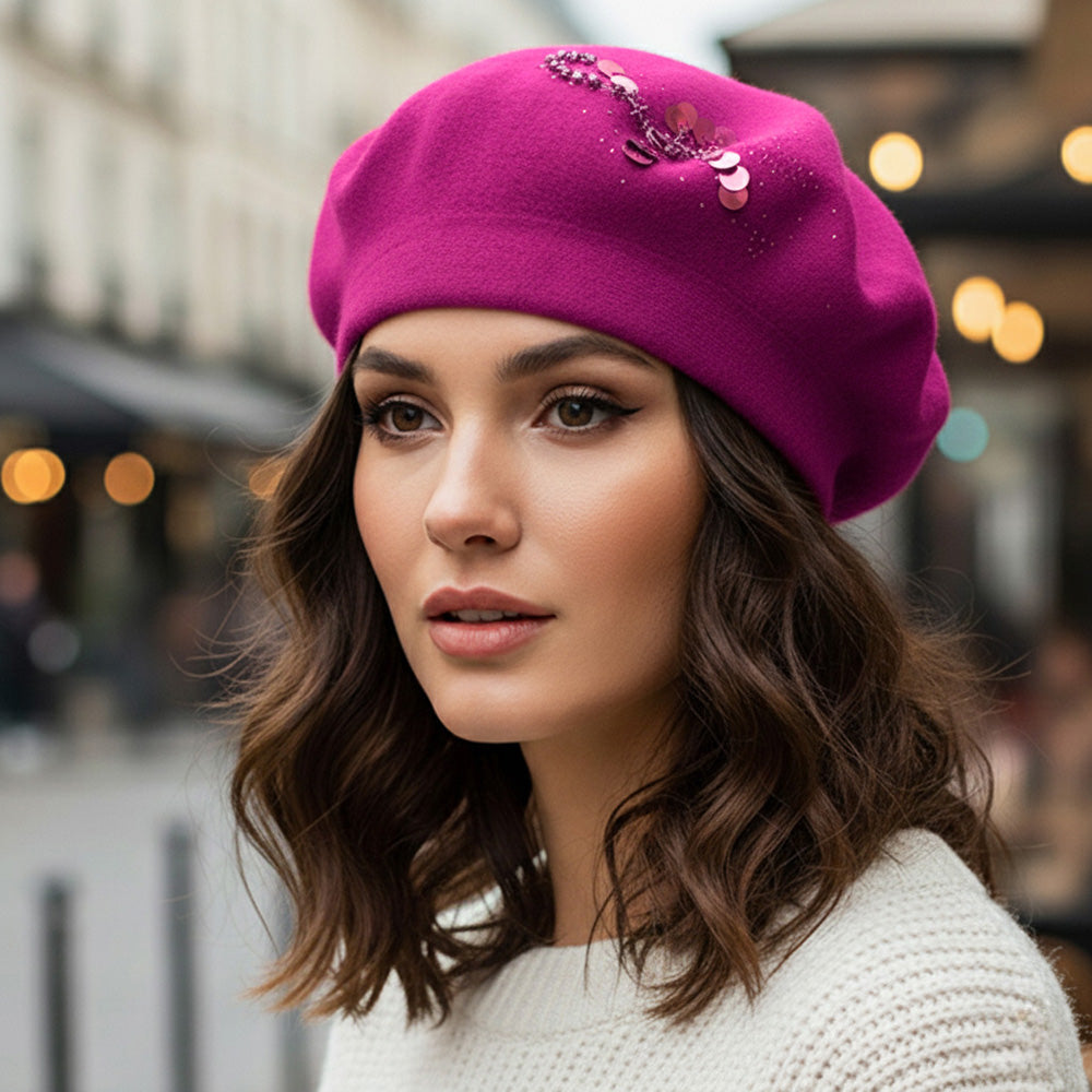 Decorative Sequin Rhinestone Embellished Winter Beret Hat