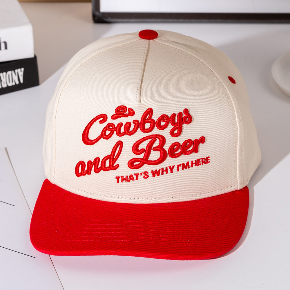 COWBOY AND BEER Message Embroidered Five Panel Canvas Snapback Baseball Cap