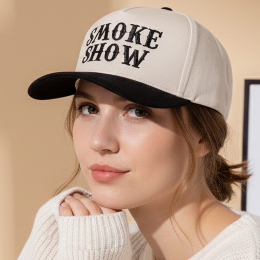 SMOKE SHOW Message Embroidered Five Panel Canvas Snapback Baseball Cap