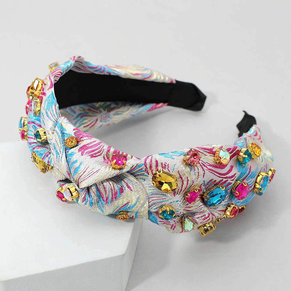 Oval Round Stone Cluster Embellished Jacquard Knot Headband