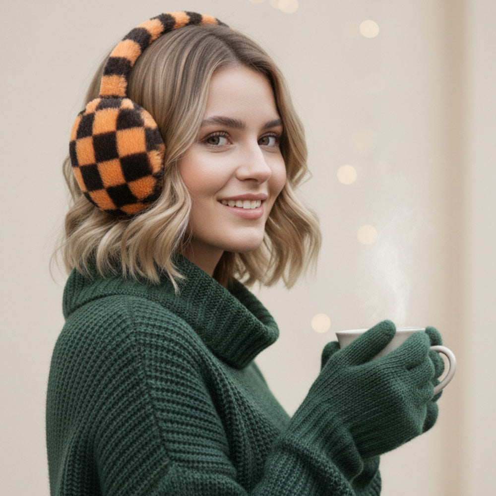 Faux Fur Plush Checkered Earmuffs