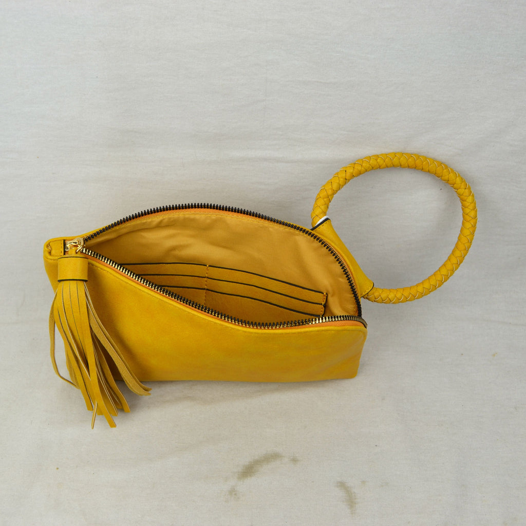 Fringe Accent Clutch Bag with Braided Circular Top Handle