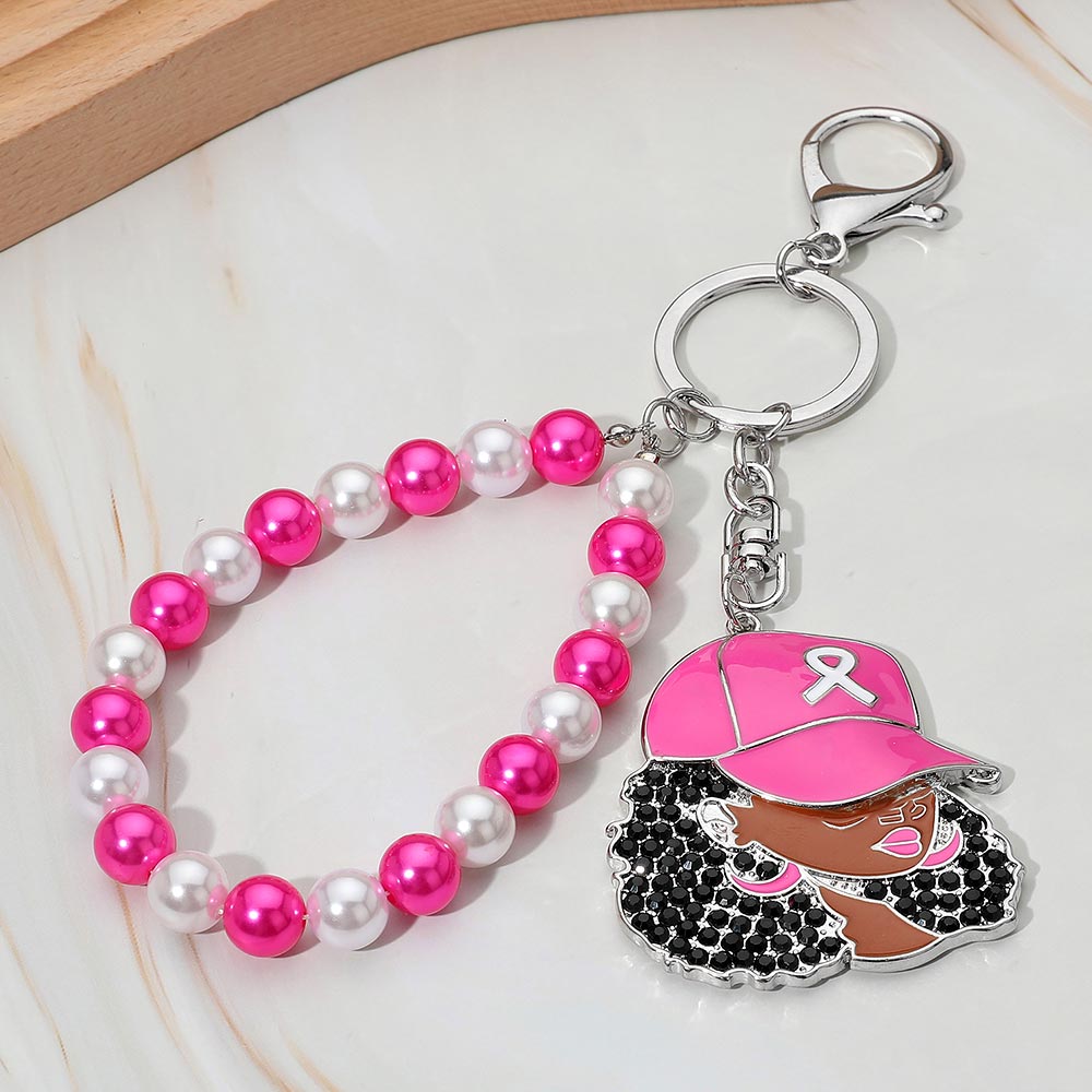 Rhinestone Paved Cool Afro Woman in Awareness Pink Ribbon Cap Beaded Wristlet Keychain / Bag Charm