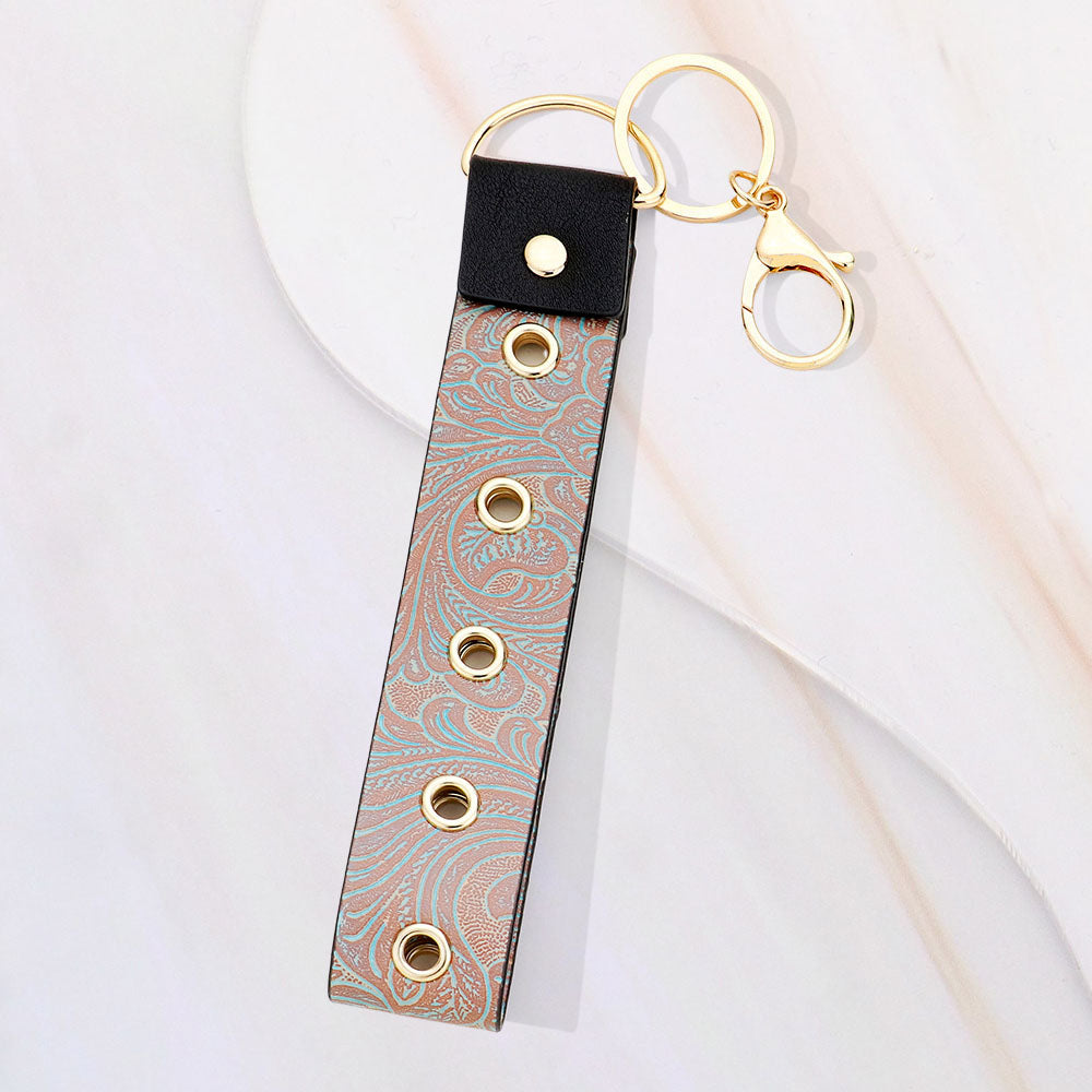 Floral Leaf Pattern Faux Leather Keychain Bag Charm