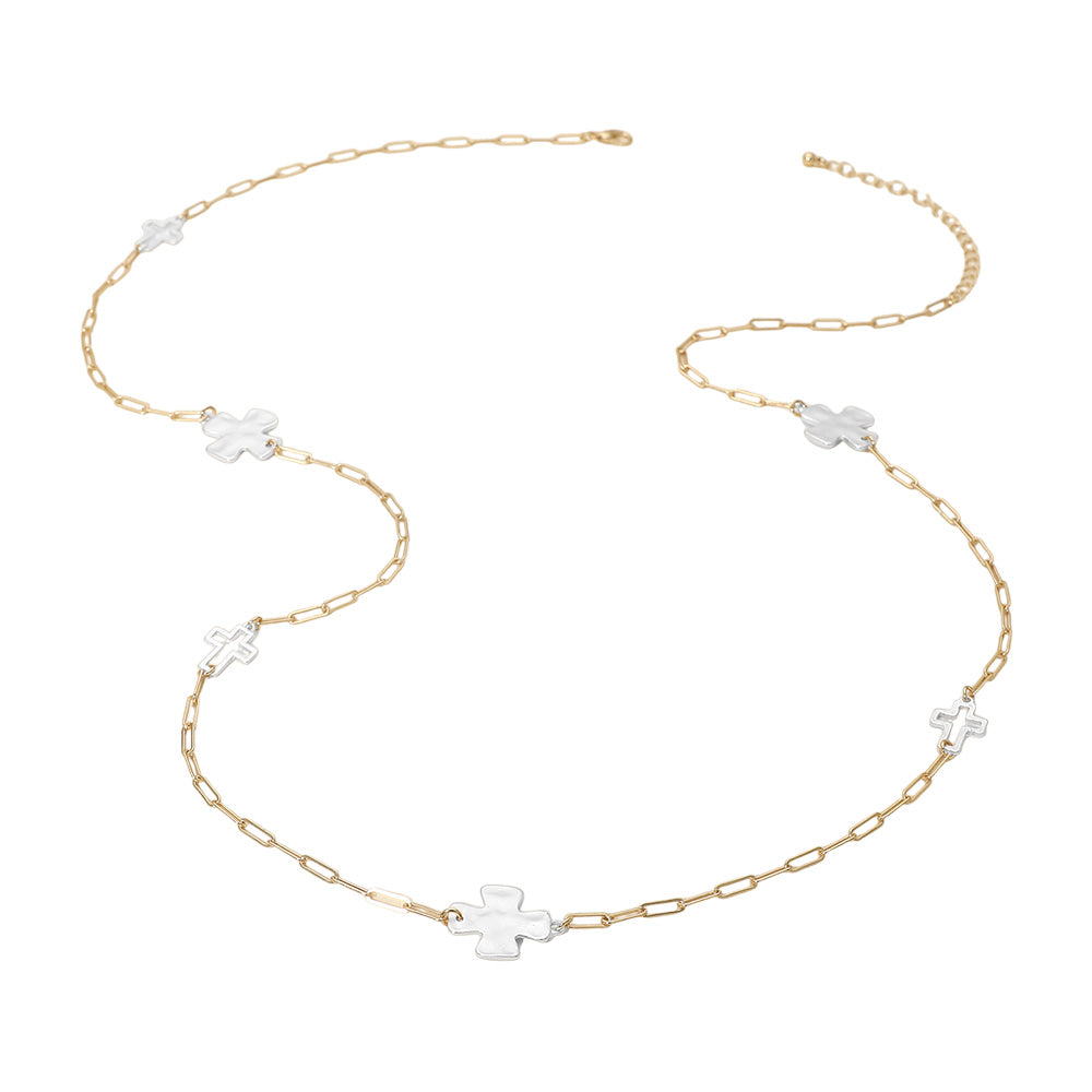 Hammered Metal Cross Charm Station Paperclip Chain Long Necklace