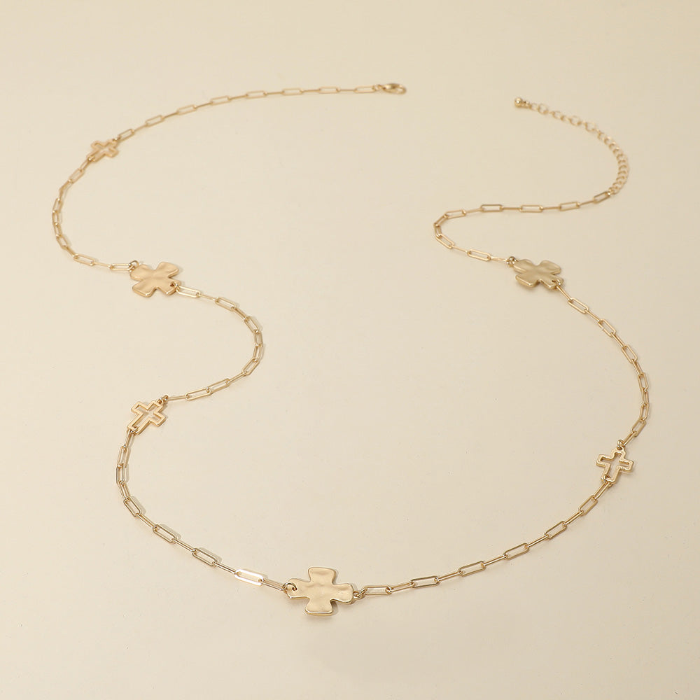 Hammered Metal Cross Charm Station Paperclip Chain Long Necklace
